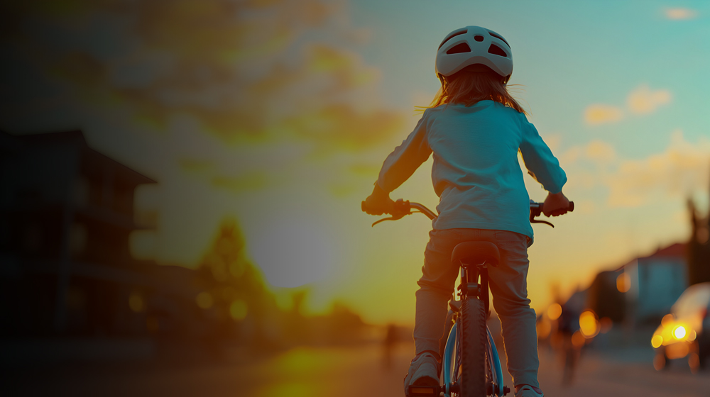 Child Riding Bicycle at Sunset on Residential Street