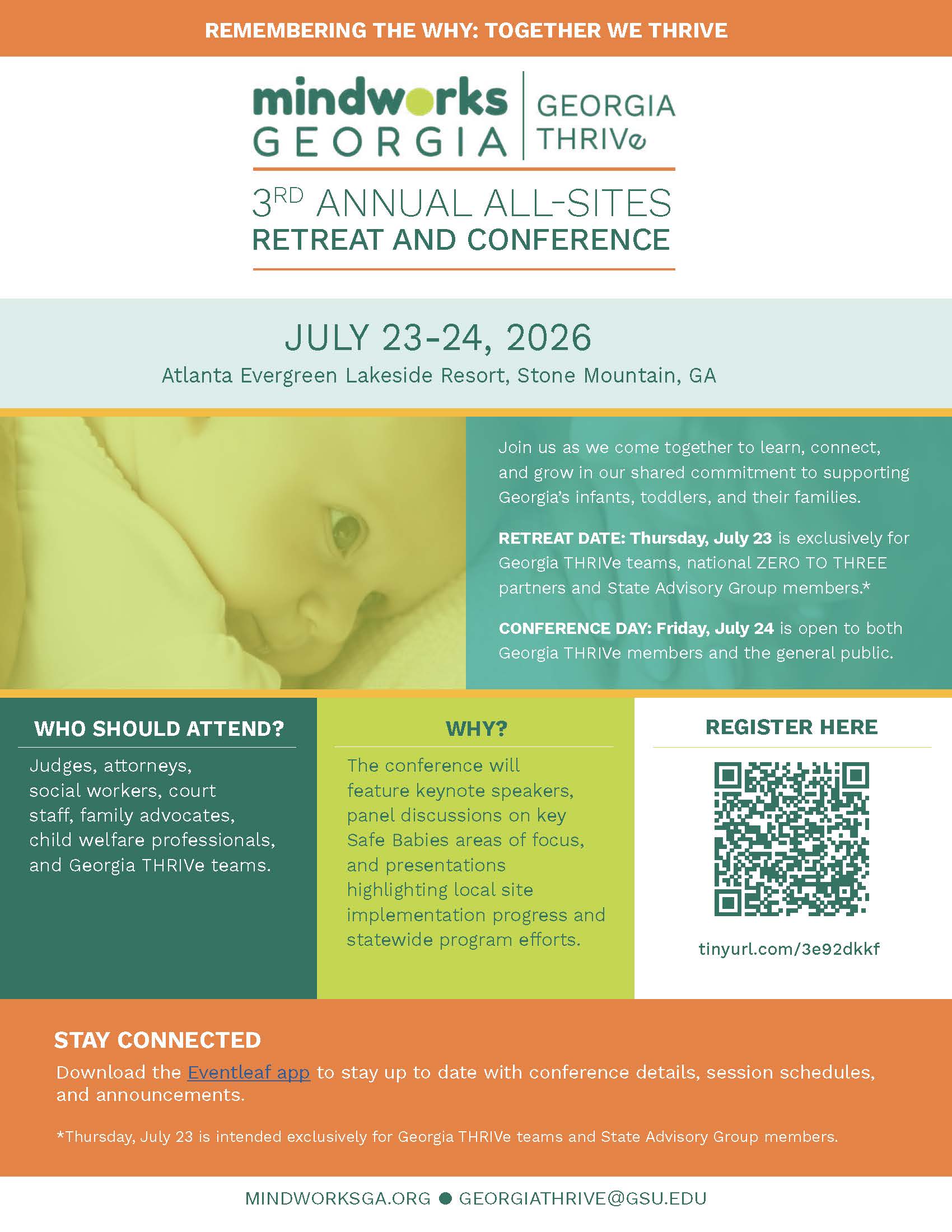 THRIVe invite to their 3rd annual retreat with an image of a baby and a QR code to register.